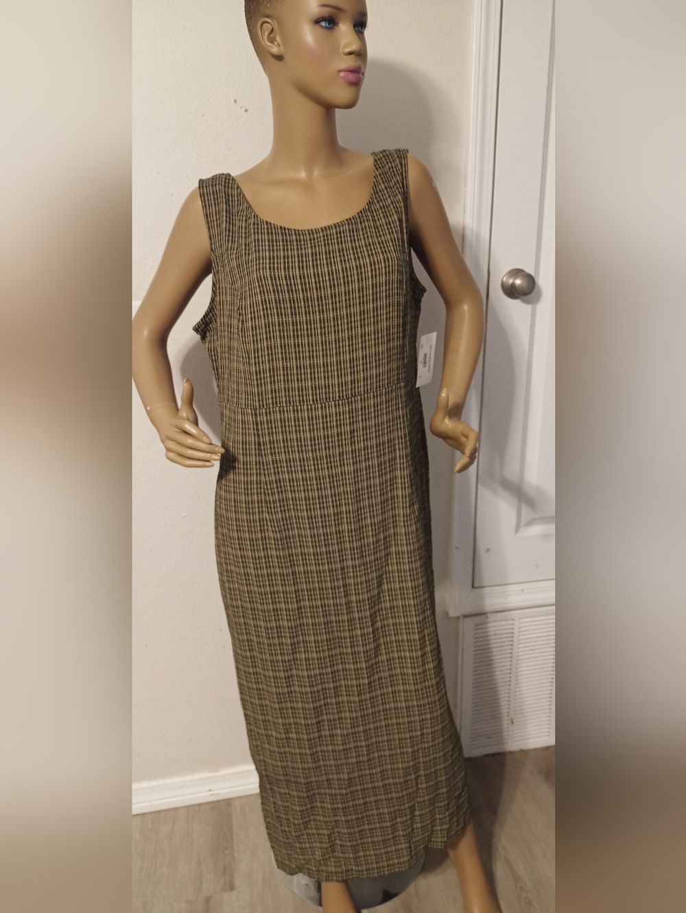 Sag Harbor Sleeveless Plaid Maxi Dress in Olive and Brown